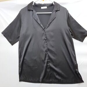 Chigant Black Satin Button Down Short Sleeve Shirt Blouse Size Meduim